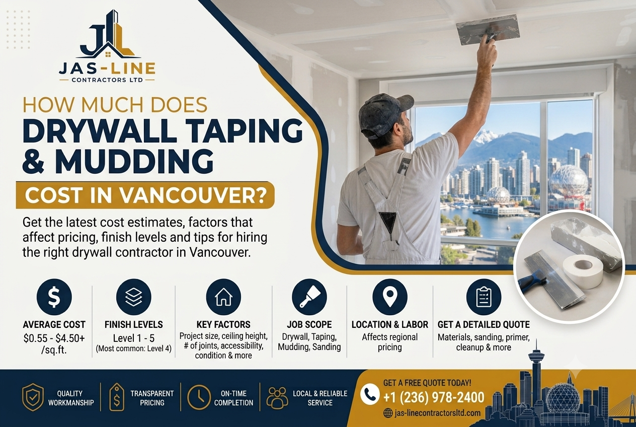 Drywall taping and mudding cost guide infographic by Jas-Line Contractors Ltd in Vancouver