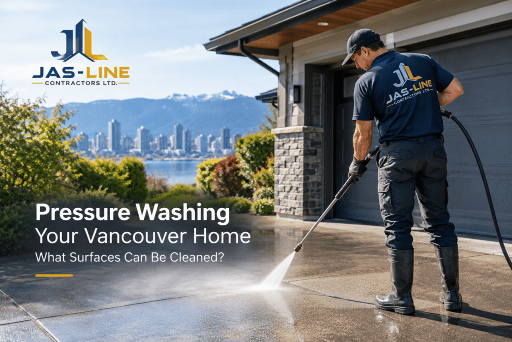 Pressure washing a Vancouver home exterior and concrete driveway