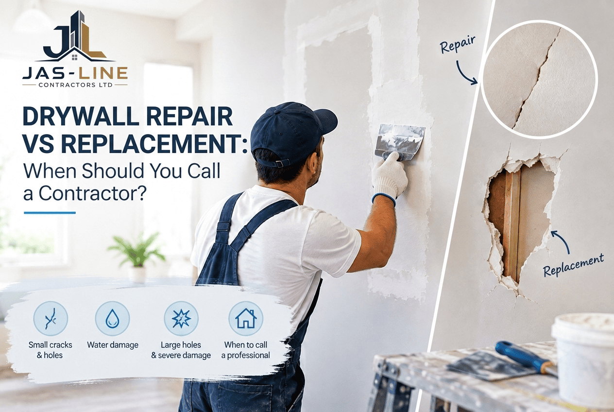 Drywall repair vs replacement guide infographic by Jas-Line Contractors Ltd in Vancouver