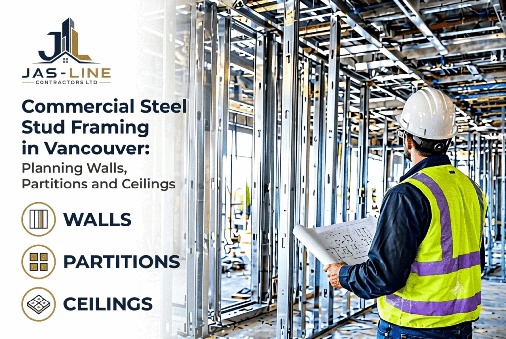 Commercial steel stud framing in Vancouver by Jas-Line Contractors Ltd., showing metal framing for interior walls, partitions, and ceilings.