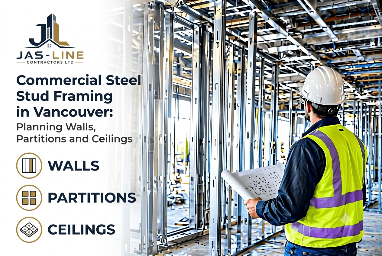 Commercial steel stud framing in Vancouver by Jas-Line Contractors Ltd., showing metal framing for interior walls, partitions, and ceilings.