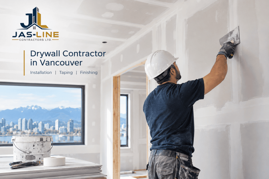 Drywall contractor installing and finishing gypsum board in a Vancouver interior