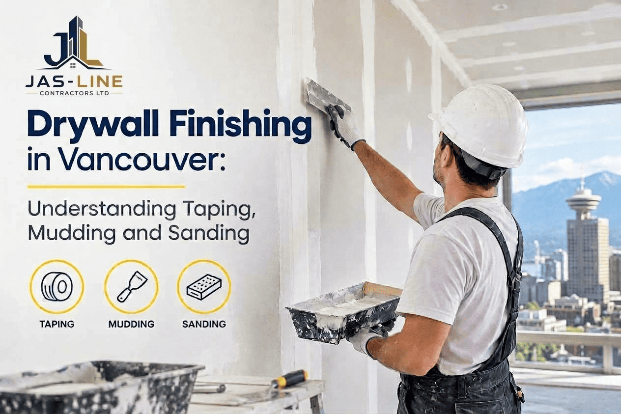 Drywall finishing in Vancouver by Jas-Line Contractors Ltd., showing a professional applying joint compound to drywall seams.