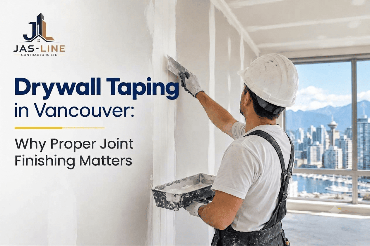 Drywall taping in Vancouver by Jas-Line Contractors Ltd. showing professional drywall joint finishing.