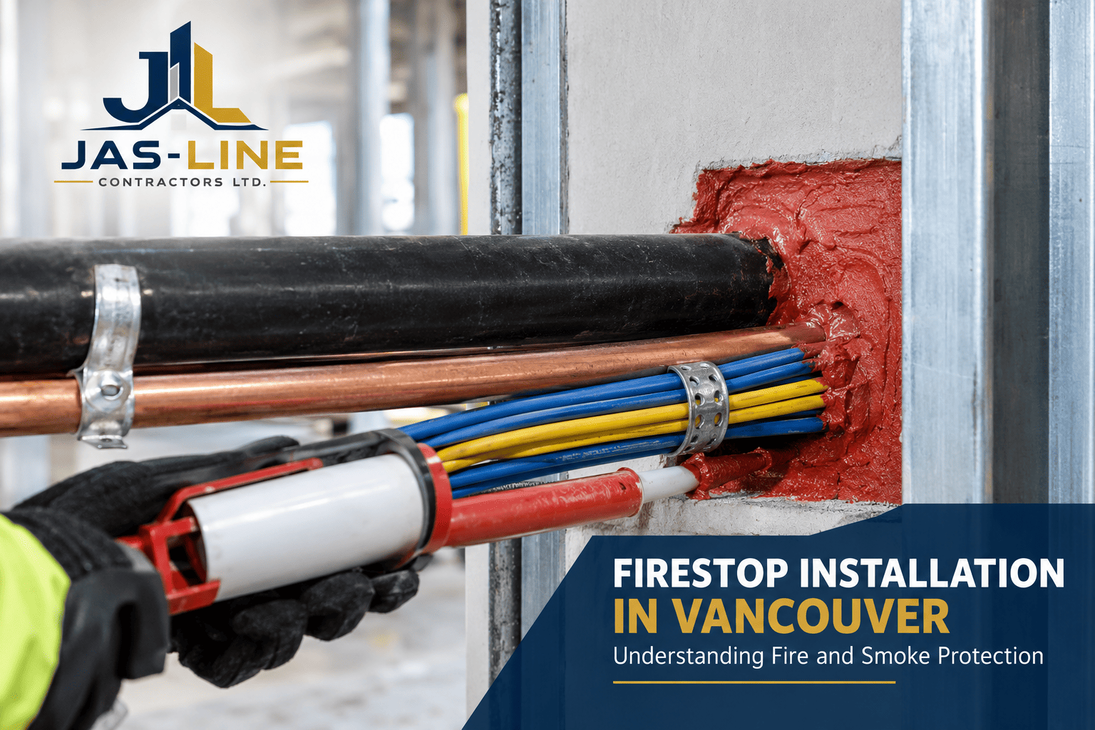 Firestop installation Vancouver BC at a fire-rated wall penetration