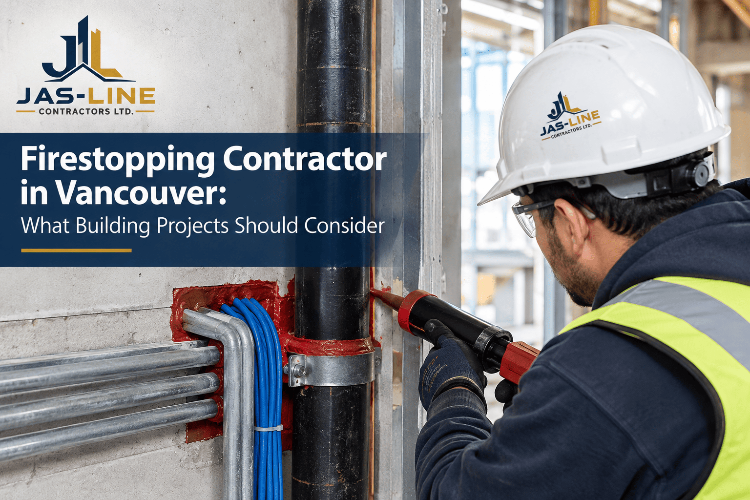 Firestopping contractor installing firestop around service penetrations in a Vancouver building