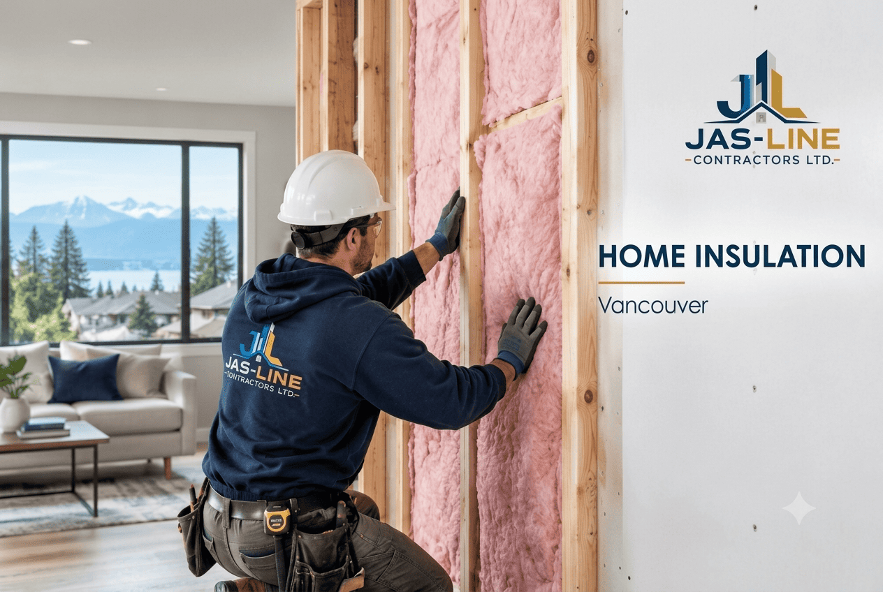 Home insulation installation in Vancouver with fibreglass insulation between wall studs