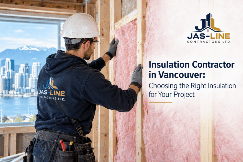 Insulation contractor installing batt insulation in a Vancouver building