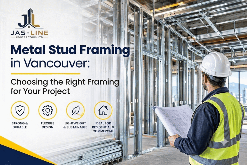 Metal stud framing for an interior construction project in Vancouver, BC. Copy alt text