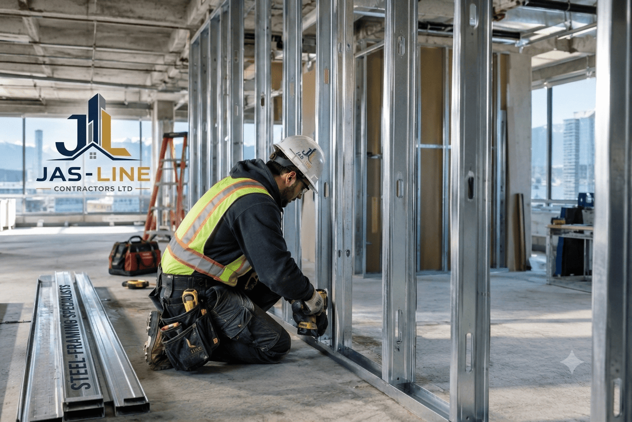 Steel stud framing contractor installing metal studs for an interior construction project in Vancouver
