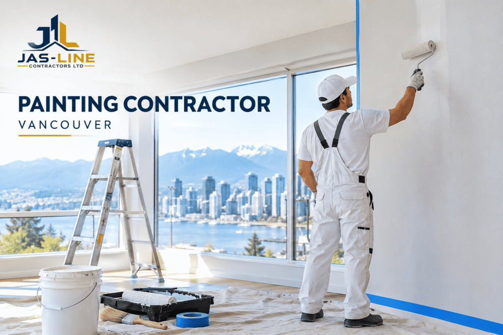 Painting contractor in Vancouver painting an interior wall in a modern property