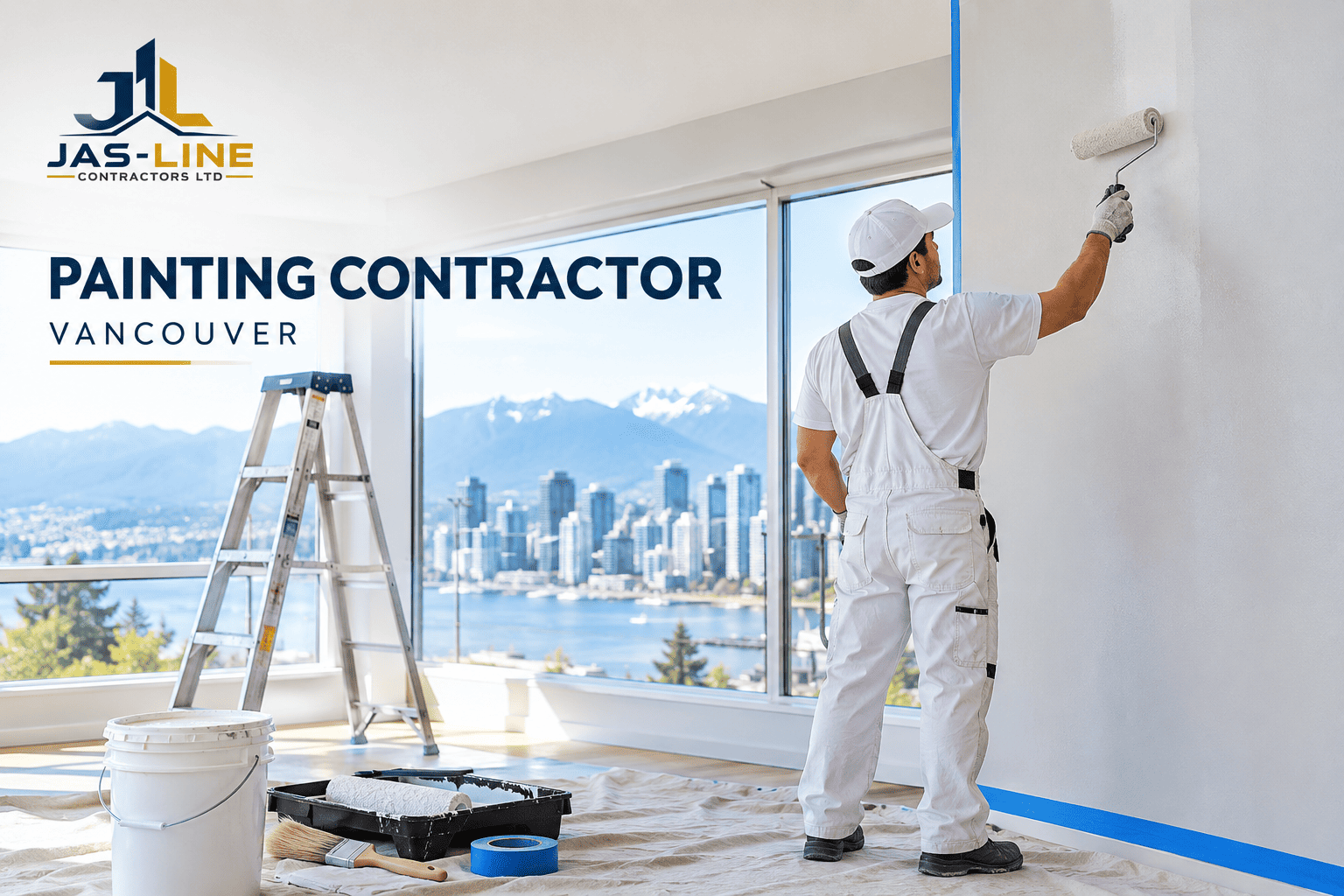 Painting contractor in Vancouver painting an interior wall in a modern property